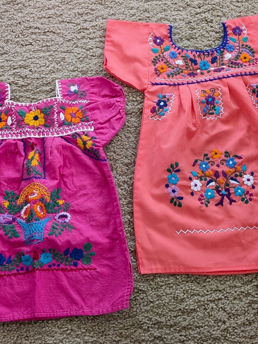 Vintage Mexican Embroidered Cotton Girls' Dress in Pink & Coral - Floral Fiesta